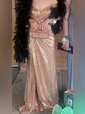 Rose gold sequin sparkly prom dress long strapless